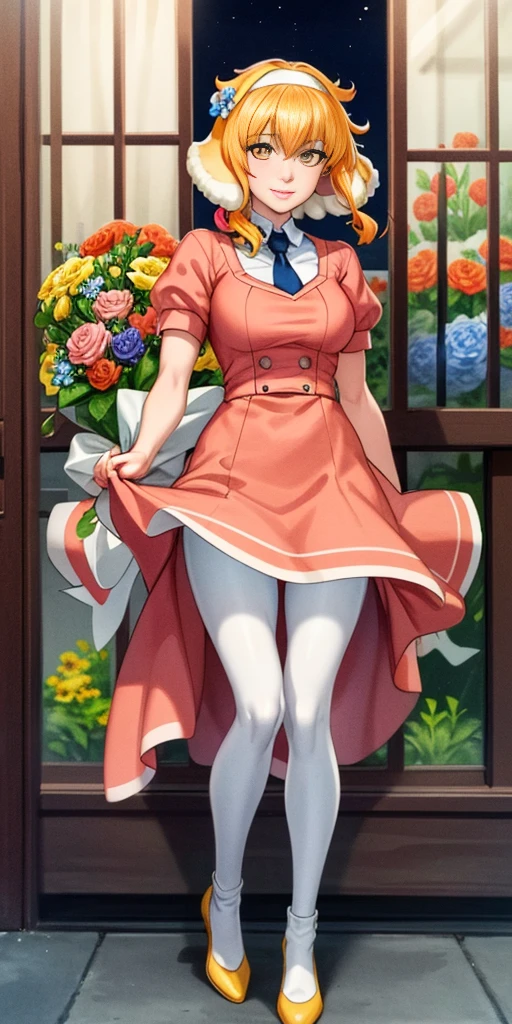 ((Roxanne)) ((woman dressed holding flowers and flowers near a store window)) 1girl, flower, solo (dog fluffy ears) [[orange hair]] pantyhose, bouquet, looking at viewer, black hairband, yellow eyes, dress, hair flower, holding a bouquet, standing, short sleeves, white footwear,(dress color:white, pink:1.4) yellow flower, selling flowers, scenery, night time, wall lamp, smile, pink flowers, blue flowers, cowboy shot, large breasts, small ribbon on flower as tie ((scenery)),(((scenery))),windy,(windy:1.3),(scenery),((scenery)),(((scenery)))
