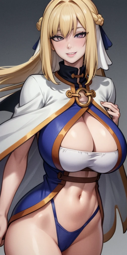 (Triplets)(chest covered)(smile)Gray skin, pale golden hair and violet eyes. They prefer clothing of white and silver with cloaks of deep blue or purple,village background, huge_knockers, ((very precise detailed)), ((highres)