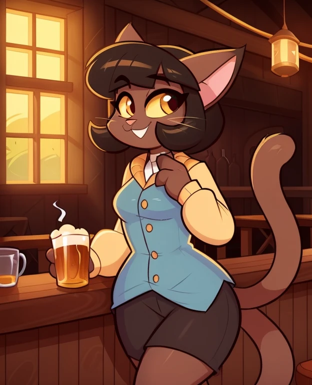 female, (Detailed face), (solo:1.1), [(thin:1.1) : (ivy pepper):4], (Detailed face), (more details, detailed background:1.1), (cat tail:1.1), smile, gold dress, black shorts, thick thighs, white cat, anthropomorphic cat, anthro, (half-closed eyes, looking at the viewer seductively), pub, tavern, ((by Kilinah, by Coffeesoda, by Hioshiru, by Kilinah)), drinking beer,