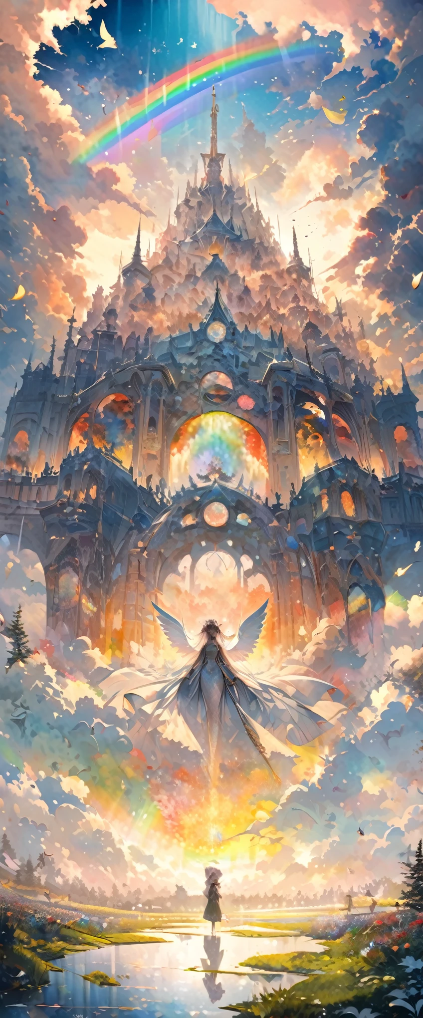 fusion of oil painting and watercolor painting, fusion of paper cutting and shadow puppetry, monochrome artworks here and there, best quality, super fine, 16k, incredibly absurdres, extremely detailed, delicate and dynamic, many cute angels with wings will descend to pray for peace, a mysterious gigantic artistic structure made of chrome-plated framework and glass, after the rain, sunlight shines through the gaps in the clouds, the glass reflects the rainbow colors and the timer analyzer displayed, a lot of iridescent petals fluttering down, the grass is covered with mist, creating a fantastic image effect