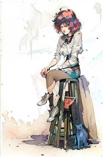 there is a drawing of a woman sitting on a stool with a cat, paul pope, style of conrad roset, by jake parker, by Ben Templesmith, mixed media style illustration, ashley wood illustration, by Eddie Campbell, alex pardee, by Conrad Roset, by Bill Sienkiewicz, inspired by Eddie Campbell, ink and watercolor illustration