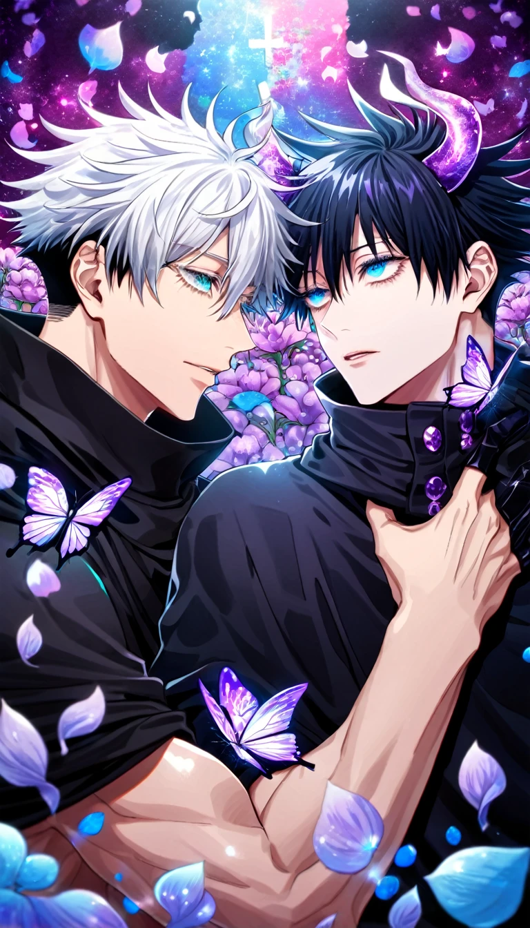 Ultra detailed, HDR, Highres, absurdres, master piece, Gojo Satoru, white hair with bangs, expressive blue eyes, white eyelashes, hair between the eyes, Fushiguro Megumi, black hair, expressive blue eyes, Jujutsu Kaisen, purple glittering butterflies, petals, fantasy, purple flowers, two sexy man together, gay couple, yaoi, extremely detailed face and eyes, handsome, glittering, black cape, black fantasy clothes, tattoo on his neck, purple gemstone background, purple flames, cross, black gloves, radiant, black demon horns, love, toned chest