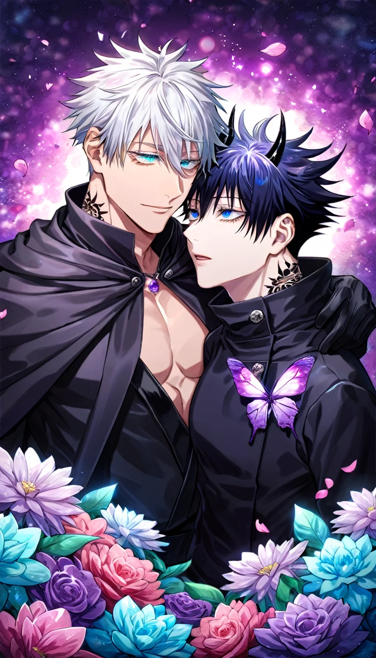 Ultra detailed, HDR, Highres, absurdres, master piece, Gojo Satoru, white hair with bangs, expressive blue eyes, white eyelashes, hair between the eyes, Fushiguro Megumi, black hair, expressive blue eyes, Jujutsu Kaisen, purple glittering butterflies, petals, fantasy, purple flowers, two sexy man together, gay couple, yaoi, extremely detailed face and eyes, handsome, glittering, black cape, black fantasy clothes, tattoo on his neck, purple gemstone background, purple flames, cross, black gloves, radiant, black demon horns, love, toned chest