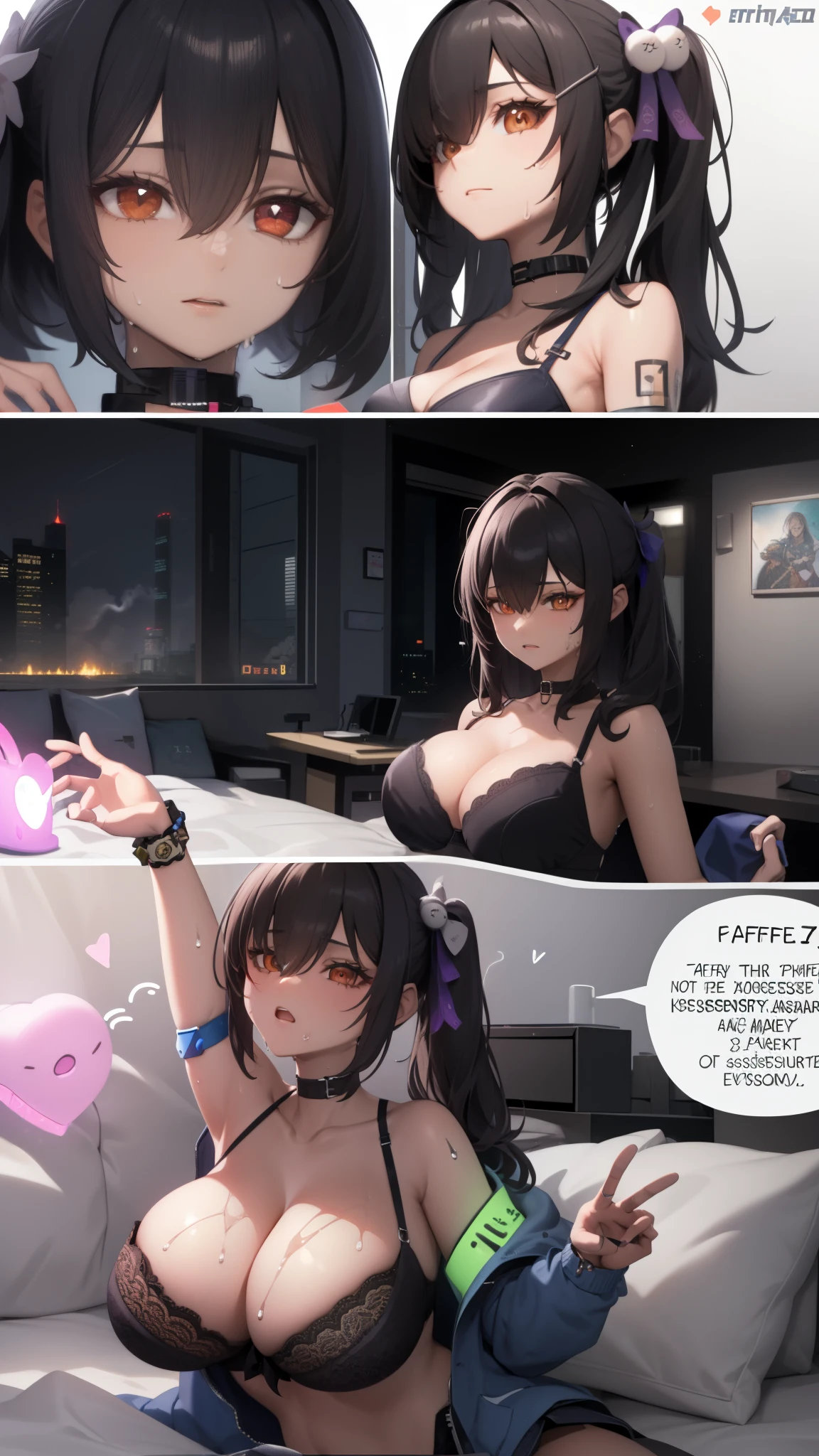 (Safety Sensor、approved、Can be viewed:1.8),masterpiece、highest quality、highest quality、Accurate the human body、Lighting to suit the mood、Accurate、Elaborate、masterpiece、Every detail of the face、Jero-tailed tit, Dark Skin, Woman with dark skin, Side Ponytail, hair ornaments, Hair Clip, White shirt, Bra visible through clothes, Chest pocket, Black choker, Blue tie, Purple scrunchie, bracelet,Latex Blue Pleated Skirt, Thigh straps, Simple Background, whole body, Detailed Background, Leaning forward, alone,Big cleavage、( Big Breasts、An eye is a heart:1.3、Heart Contact Lenses Heart Eye:1.5, Glowing oil skin:1.5, Sweat,vapor:1.5)、(Dim lighting:1.5, night:1.5, Love hotels in Japan :1.5、Lie down in bed)、((Many words:1.5、Many heartfelt voices:1.5))、Double Peace、The beauty of the eight-headed、Mature adult woman、Emotional :1.3、On the bed、sound、sound、Absolutely safe、Small face、Beautiful Girlfriend