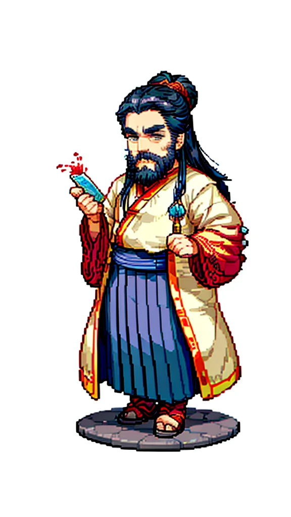 Old man in ancient Chinese costume、Wise Old Man、Looking into the camera、His hair is tied in a bun、Only one topknot、Long sleeve、Hanfu、Black Hair、Stand and pose、Pixel art、(masterpiece, highest quality, highest quality), pixel,pixel art,whole body,Characters in Romance of the Three Kingdoms、Transform、(beard)、Short Deformation、Old man with long beard