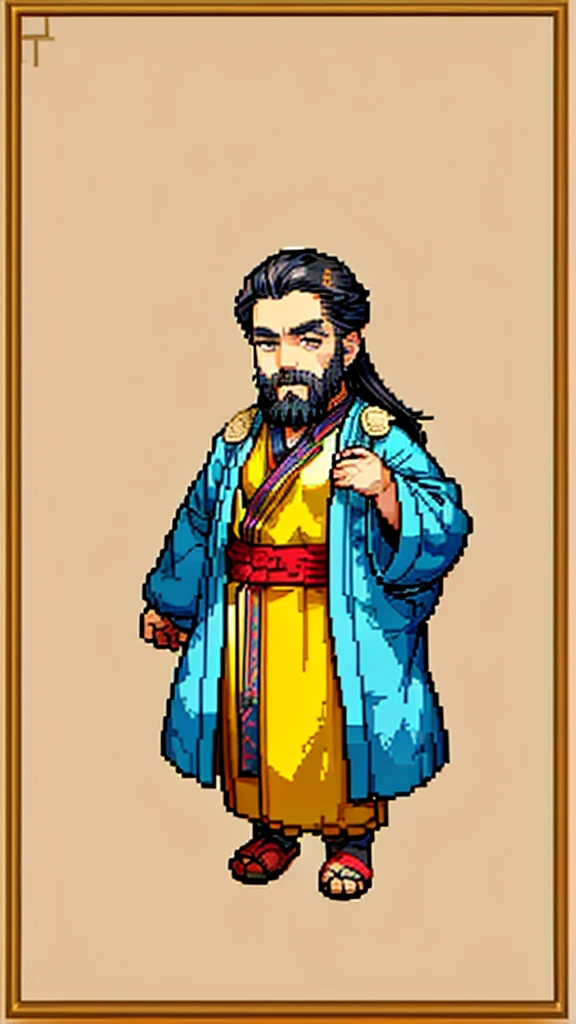 Old man in ancient Chinese costume、Wise Old Man、Looking into the camera、His hair is tied in a bun、Only one topknot、Long sleeve、Hanfu、Black Hair、Stand and pose、Pixel art、(masterpiece, highest quality, highest quality), pixel,pixel art,whole body,Characters in Romance of the Three Kingdoms、Transform、(beard)、Short Deformation、Old man with long beard