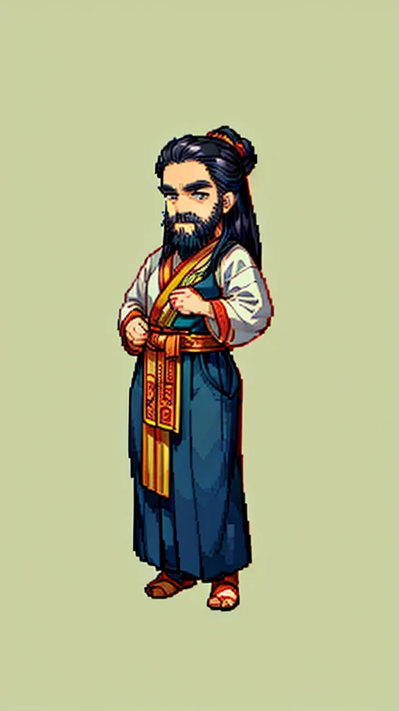 Old man in ancient Chinese costume、Wise Old Man、Looking into the camera、His hair is tied in a bun、Only one topknot、Long sleeve、Hanfu、Black Hair、Stand and pose、Pixel art、(masterpiece, highest quality, highest quality), pixel,pixel art,whole body,Characters in Romance of the Three Kingdoms、Transform、(beard)、Short Deformation、Old man with long beard