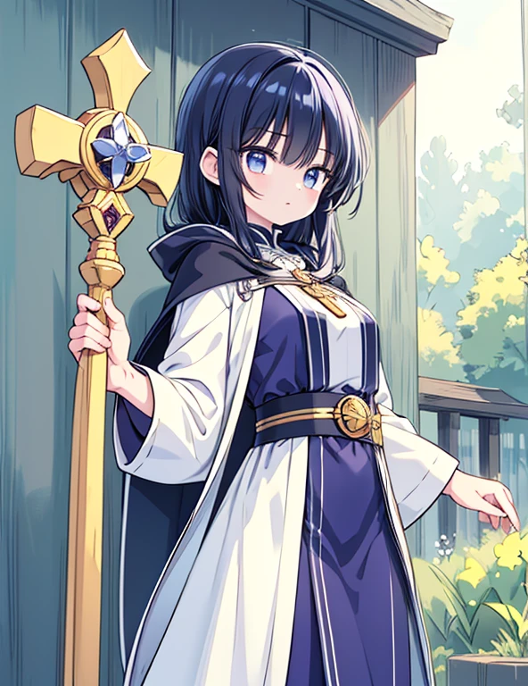 Line art background, background, Monochrome, Line art, ((sketch)),Highest quality,masterpiece,monochrome,Lineart,single color,Create a detailed coloring page,Long Robe、Cape、Sacred costume、Hooded、mysterious、cross、prayer book、belt、Stall、Combat walking stick、Mace、Sacred Equipment、sympathy、Dedicated、Deep Faith、prayer、meditation、rational、meditation、Healing Magic、Defensive Magic、Support Skills、treat、detoxification、reanimation、Holy Element Attack、Peace of mind、Divine Aura