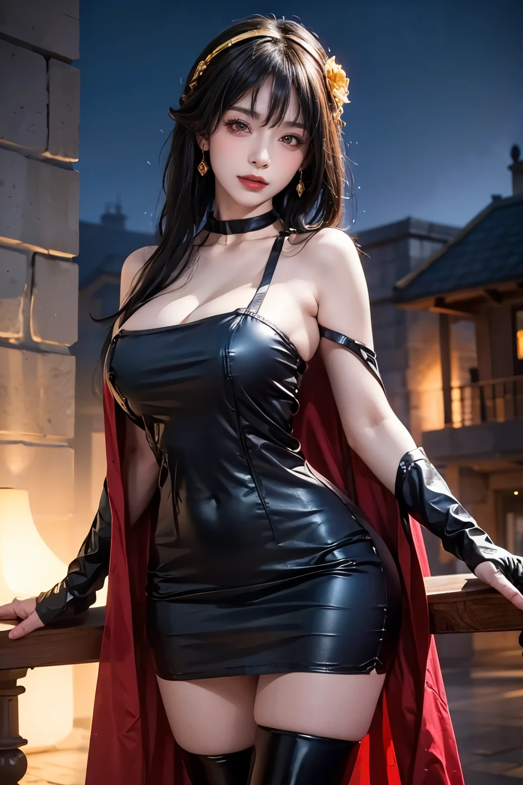 (highest quality, 4K, masterpiece :1.3), Beautiful woman, Surreal, 1 girl,),Ajolf, Side Lock,Short hair vs long hair, Gold Hair Band, Gold earringss, Side Lock, Gold hair ornament, Gold earrings, Big Breasts, nakedの肩, Black Dress, Double-sided dress with red rose cape,  choker, Thigh-high boots,  , Fingerless gloves, Thigh-high boots,Slender Beauty, (Saggy breasts, Huge areola breast acne, Attractive body :1.2, Body and face soaked in milk), Abdominal exercises :1.1, Long black hair 1.1, Highly detailed face, Lip details, Fine Eyes, double eyelid, Sexy low neck dress, Open neckline, Saggy breasts, Sideways pose, Visible curves,Muscular, curved legs, Yugal, masterpiece, highest quality, High resolution, aaYugalf,Cowboy Shot, Are standing, Looking at the audience, Outdoor, night, (Perfect Anatomy:1.Two big asses, jewelry, Off the shoulder, Black Pantyhose, Cute Smile, naked, Beautiful and bright lighting, Beautiful breasts