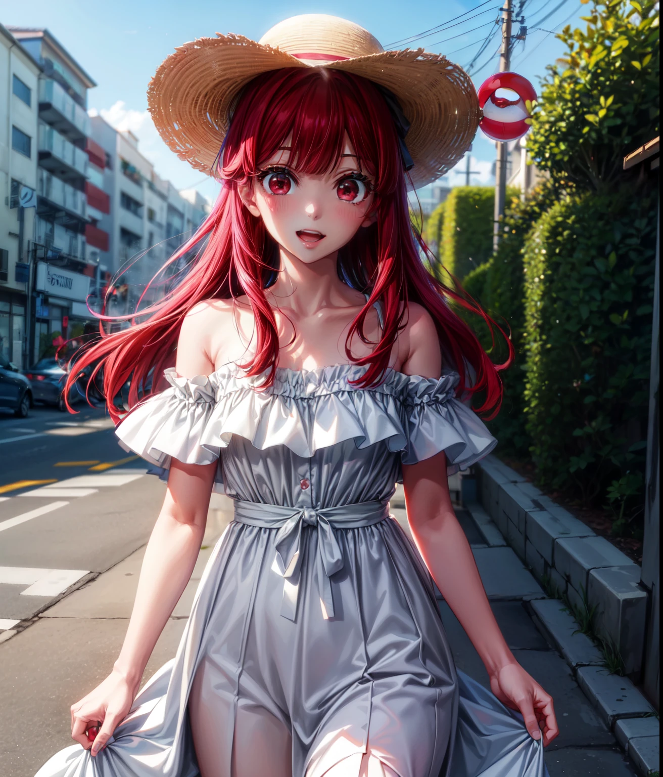 Arima etc., Arima Kana, (Red eyes:1.5), Long Hair,blush,happy smile, smile, Open your mouth,Redhead,White hat,Off-the-shoulder dress,Bare shoulders,Bare neck,bare clavicle,Long skirt,Cute sandals looking up from below,whole bodyがイラストに入るように,Daytime,True Summer,Clear skies,Walking,
壊す looking at viewer,whole body,
Destroy outdoors, Building district,Destroy the coastal road (masterpiece:1.2), highest quality, High resolution, unity 8k wallpaper, (shape:0.8), (Beautiful and beautiful eyes:1.6), Highly detailed face, Perfect lighting, Highly detailed CG, (Perfect hands, Perfect Anatomy),