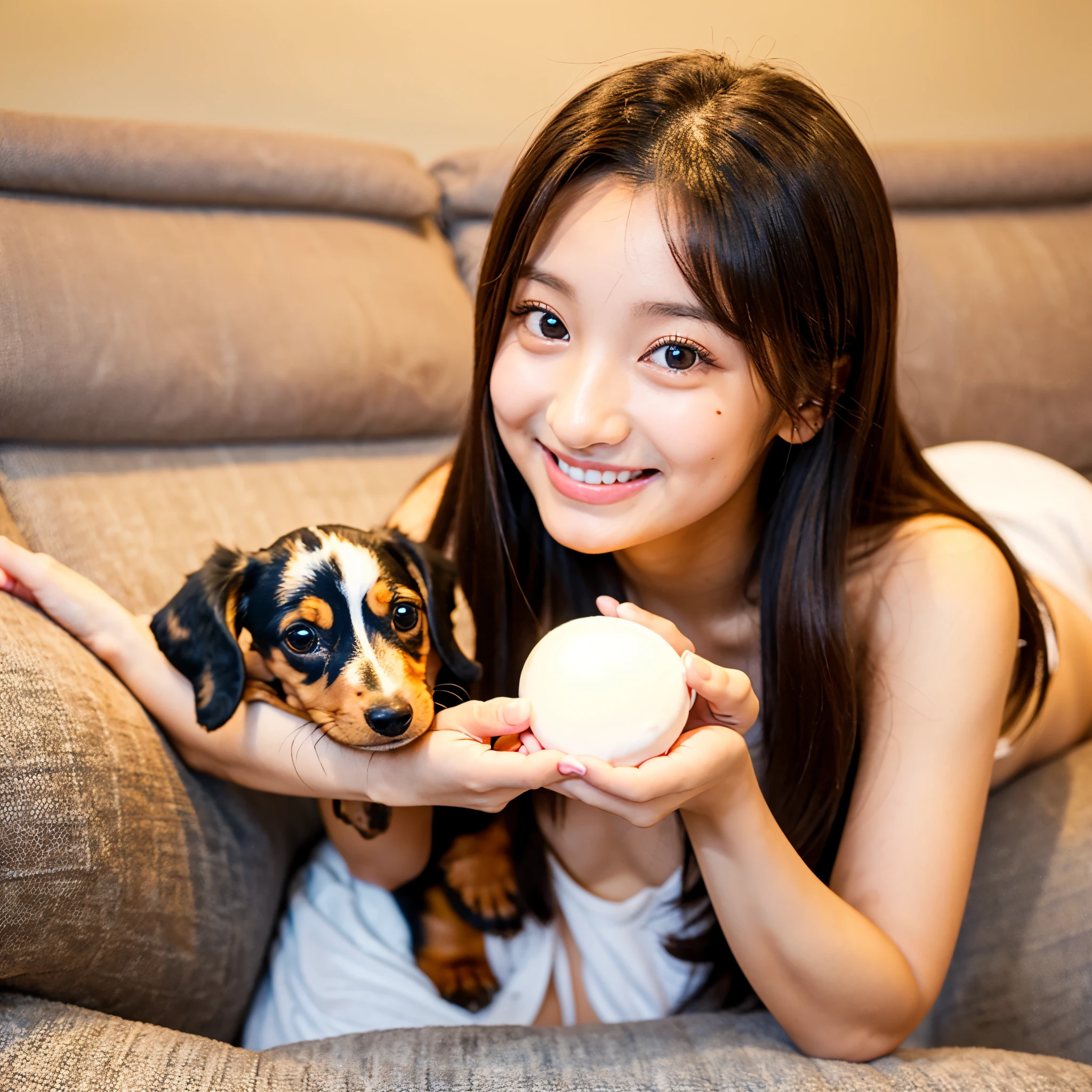 She looks 16 but、She has the cute face of a 20-year-old idol. Gentle and cute Smiling naked Small Bust She is holding a cute miniature dachshund. Miniature dachshunds are chocolate tan in color、RAW Photos Genuine Real Stick、realism、Raw photo、Life sofa Do not display copyright