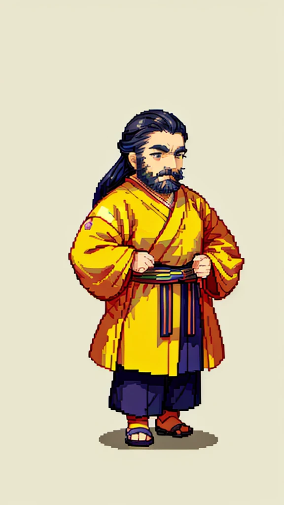 Old man in ancient Chinese costume、Wise Old Man、Looking into the camera、His hair is tied in a bun、Only one topknot、Long sleeve、Hanfu、Black Hair、Stand and pose、Pixel art、(masterpiece, highest quality, highest quality), pixel,pixel art,whole body,Characters in Romance of the Three Kingdoms、Transform、(beard)、Short Deformation、Old man with long beard