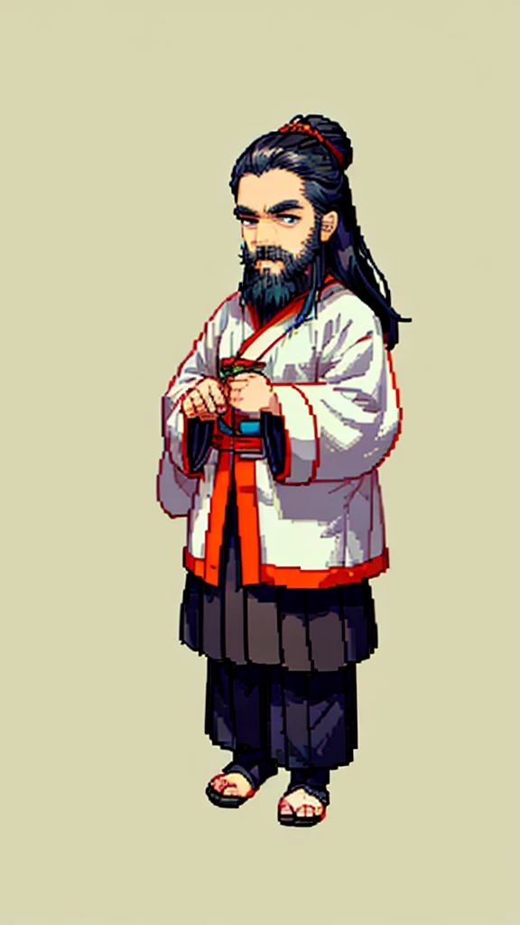 Old man in ancient Chinese costume、Wise Old Man、Looking into the camera、His hair is tied in a bun、Only one topknot、Long sleeve、Hanfu、Black Hair、Stand and pose、Pixel art、(masterpiece, highest quality, highest quality), pixel,pixel art,whole body,Characters in Romance of the Three Kingdoms、Transform、(beard)、Short Deformation、Old man with long beard