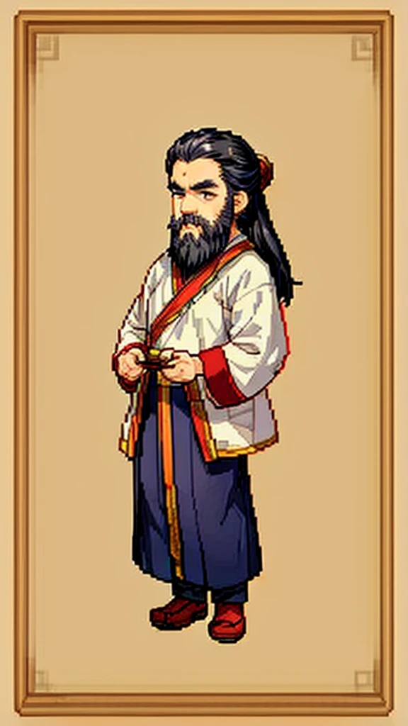 Old man in ancient Chinese costume、Wise Old Man、Looking into the camera、His hair is tied in a bun、Only one topknot、Long sleeve、Hanfu、Black Hair、Stand and pose、Pixel art、(masterpiece, highest quality, highest quality), pixel,pixel art,whole body,Characters in Romance of the Three Kingdoms、Transform、(beard)、Short Deformation、Old man with long beard