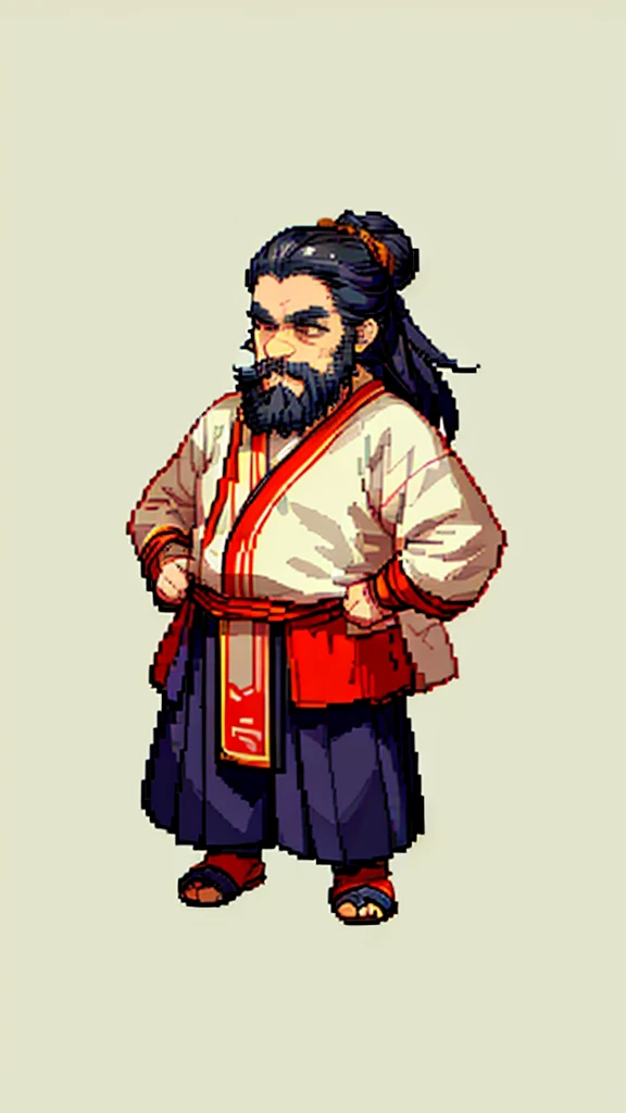 Old man in ancient Chinese costume、Wise Old Man、Looking into the camera、His hair is tied in a bun、Only one topknot、Long sleeve、Hanfu、Black Hair、Stand and pose、Pixel art、(masterpiece, highest quality, highest quality), pixel,pixel art,whole body,Characters in Romance of the Three Kingdoms、Transform、(beard)、Short Deformation、Old man with long beard