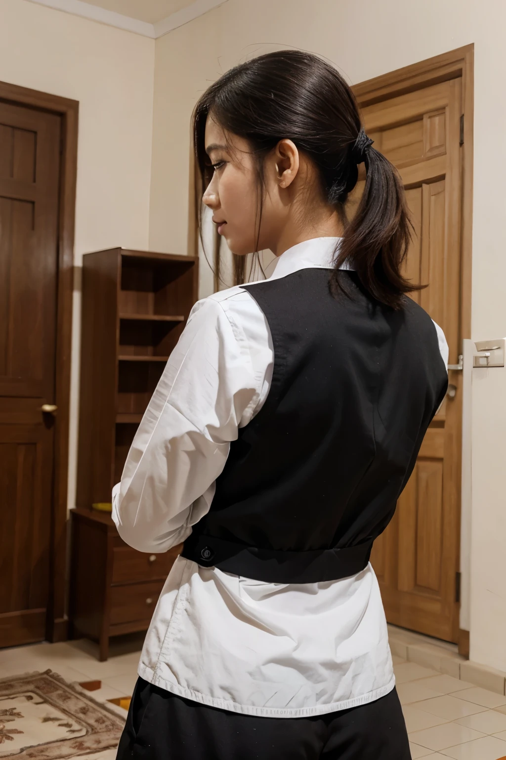 Tied Up Woman、(((Hands behind back with wrists crossed)))、(My wrists are tied with rope)、Beauty、Well-formed face、Shiny long black hair、Make your eyes even、Inside the hotel room、From behind、Show your whole body、White short sleeve shirt、Navy Semi-Long Skirt、Panty lines、Wearing pumps、Standing in front of the window、Age 25、Medium build、Like a real photo、Highest quality
