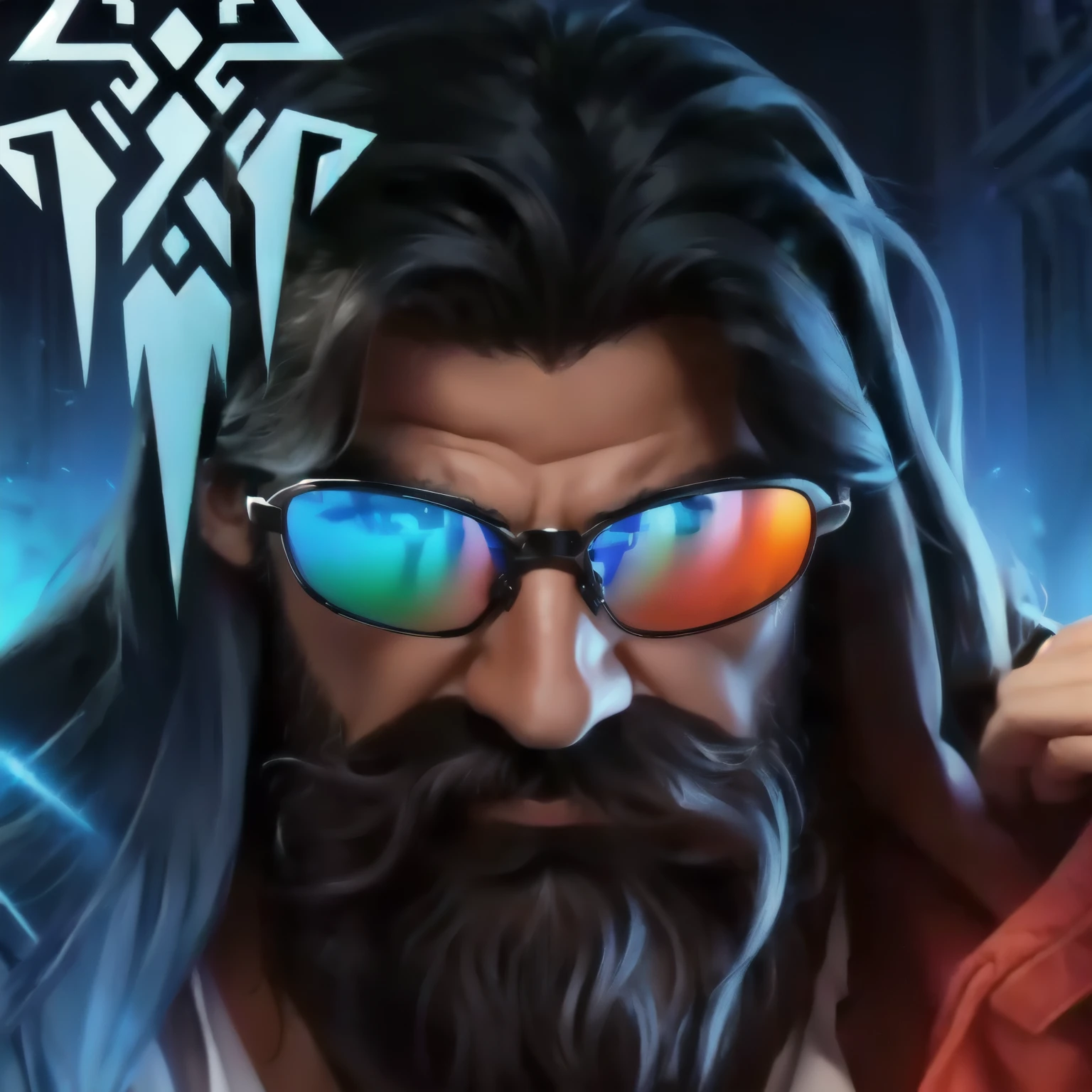 A closeup of a man in sunglasses and beard, Raziel irl, fotografia de odin robusto, fotografia de Zeus robusto, fotografia de Zeus robusto, fotografia zeus, foto do perfil 1024px, epic game photography, arte oficial, foto realista, rosto real.
