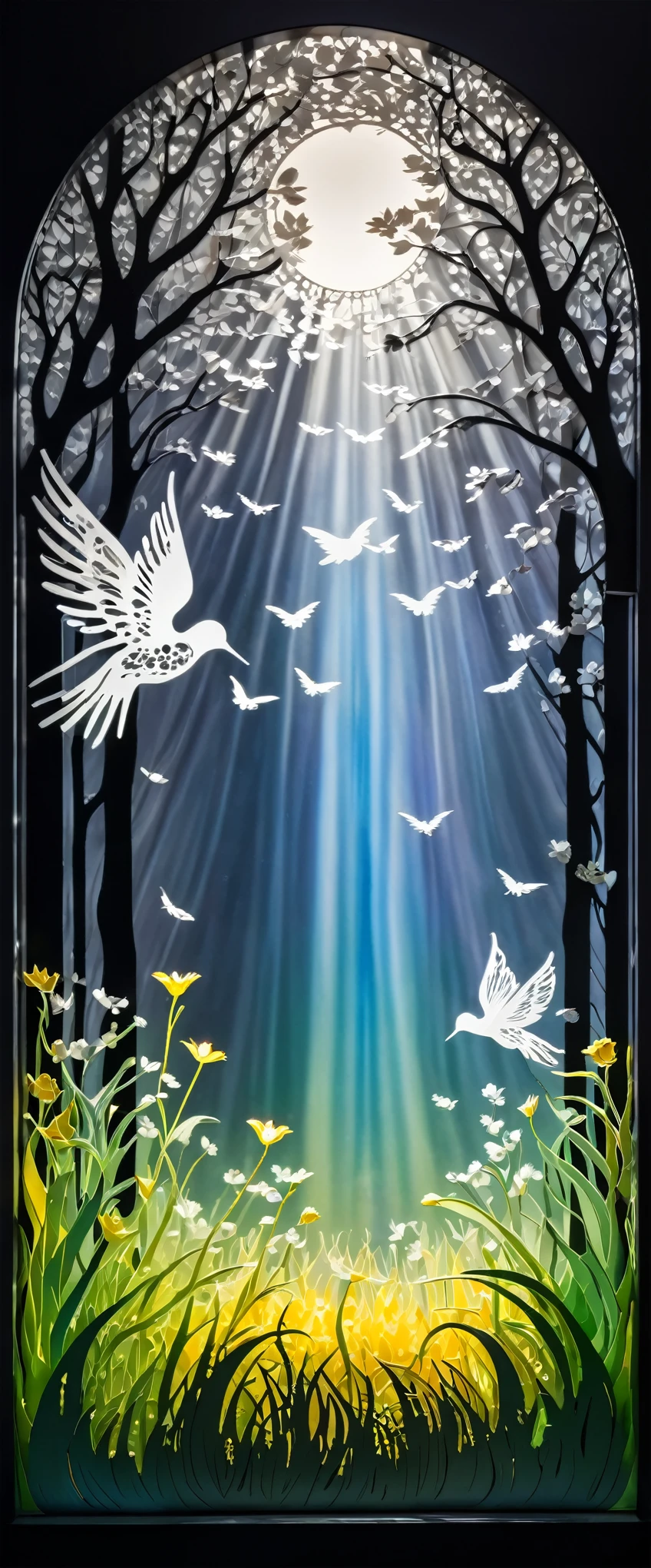 fusion of oil painting and watercolor painting, fusion of paper cutting and shadow puppetry, monochrome artworks here and there, best quality, super fine, 16k, incredibly absurdres, extremely detailed, delicate and dynamic, many cute baby angels with wings will descend to pray for peace, a mysterious gigantic artistic structure made of chrome-plated framework and glass, after the rain, sunlight shines through the gaps in the clouds, the glass reflects the rainbow colors and the timer analyzer displayed, a lot of iridescent petals fluttering down, the grass is covered with mist, creating a fantastic image effect