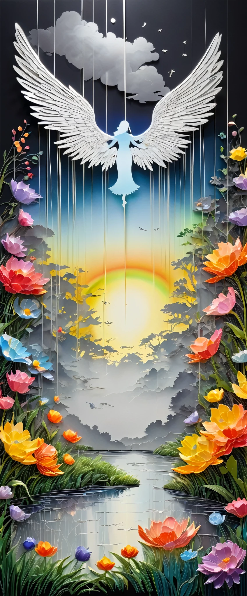 fusion of oil painting and watercolor painting, fusion of paper cutting and shadow puppetry, monochrome artworks here and there, best quality, super fine, 16k, incredibly absurdres, extremely detailed, delicate and dynamic, many cute baby angels with wings will descend to pray for peace, a mysterious gigantic artistic structure made of chrome-plated framework and glass, after the rain, sunlight shines through the gaps in the clouds, the glass reflects the rainbow colors and the timer analyzer displayed, a lot of iridescent petals fluttering down, the grass is covered with mist, creating a fantastic image effect