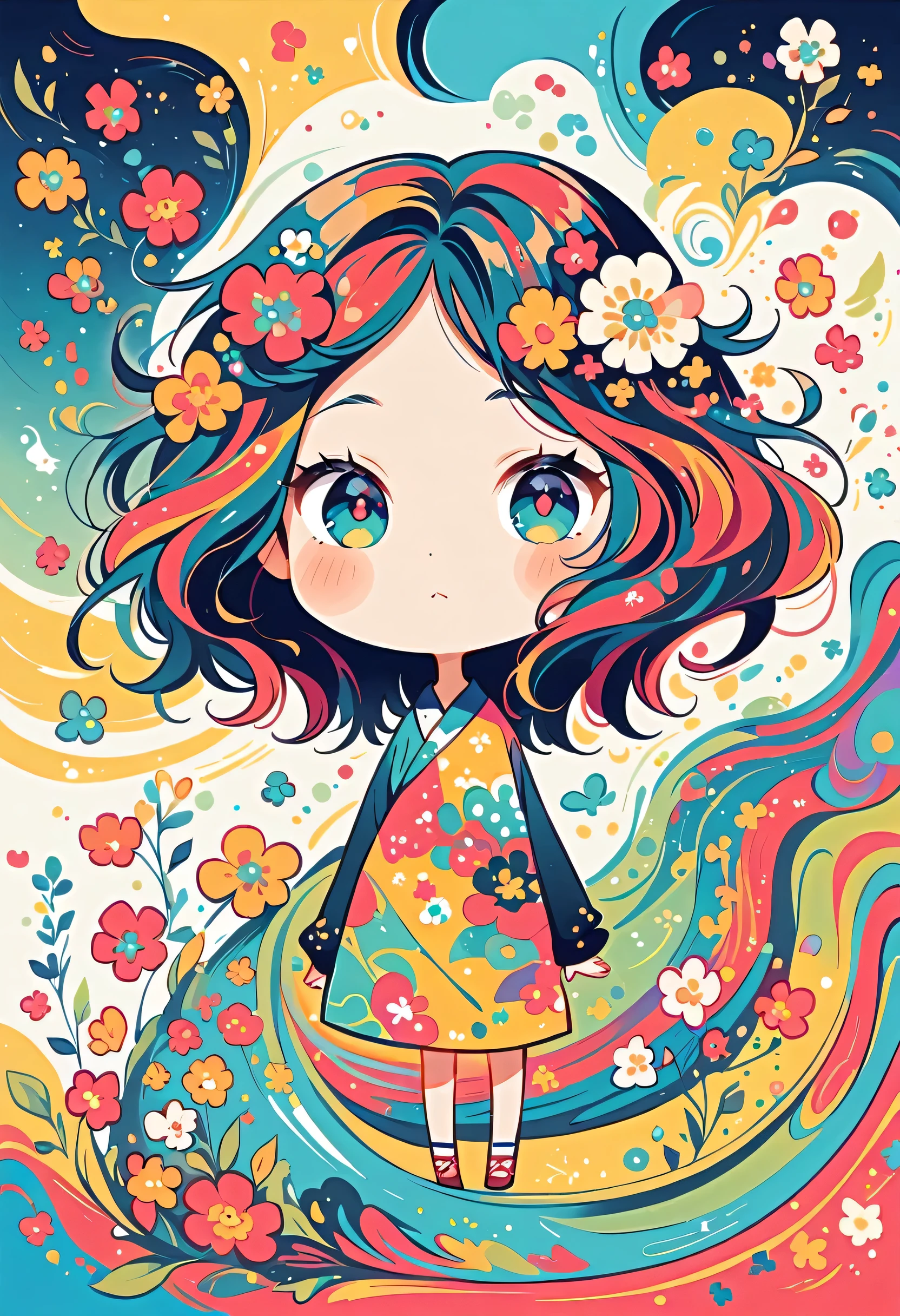 Takashi Murakami style, Standing in front of a high wall，Simple Line Initialism，Abstract art，Urban Background, (((The most beautiful girl))), (((chibi))), colorful flowers