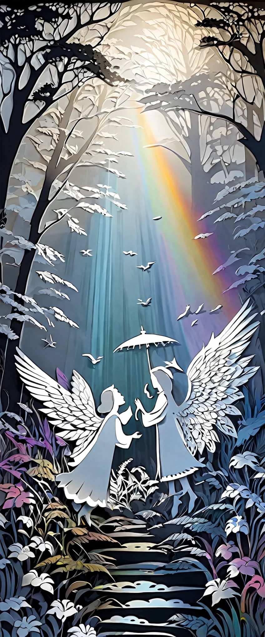fusion of oil painting and watercolor painting, fusion of paper cutting and shadow puppetry, monochrome artworks here and there, best quality, super fine, 16k, incredibly absurdres, extremely detailed, delicate and dynamic, many cute angels with wings will descend to pray for peace, a mysterious gigantic artistic structure made of chrome-plated framework and glass, after the rain, sunlight shines through the gaps in the clouds, the glass reflects the rainbow colors and the timer analyzer displayed, a lot of iridescent petals fluttering down, the grass is covered with mist, creating a fantastic image effect