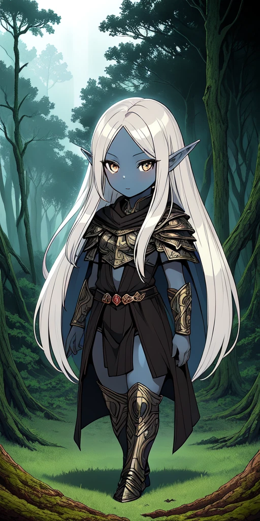 masterpiece, best quality, CG, wallpaper, HDR, high quality, high-definition, extremely detailed, drow, colored skin, dark elf, blue skin, grey skin, pointy ears, cape, armor, looking at viewer, 1girl, forest, dark forest, mythical forest, dimmed light, brown eyes, long hair, chibi