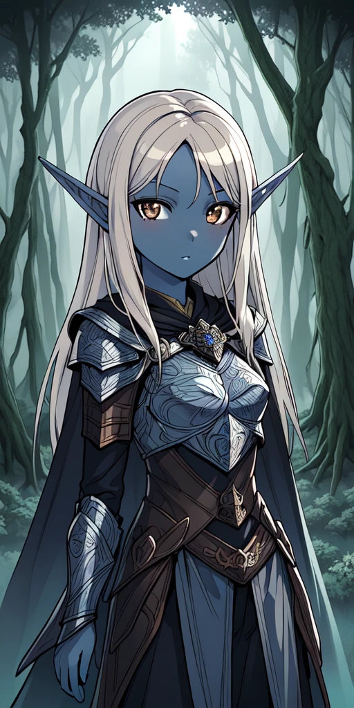 masterpiece, best quality, CG, wallpaper, HDR, high quality, high-definition, extremely detailed, drow, colored skin, dark elf, blue skin, grey skin, pointy ears, cape, armor, looking at viewer, 1girl, forest, dark forest, mythical forest, dimmed light, brown eyes, long hair, chibi