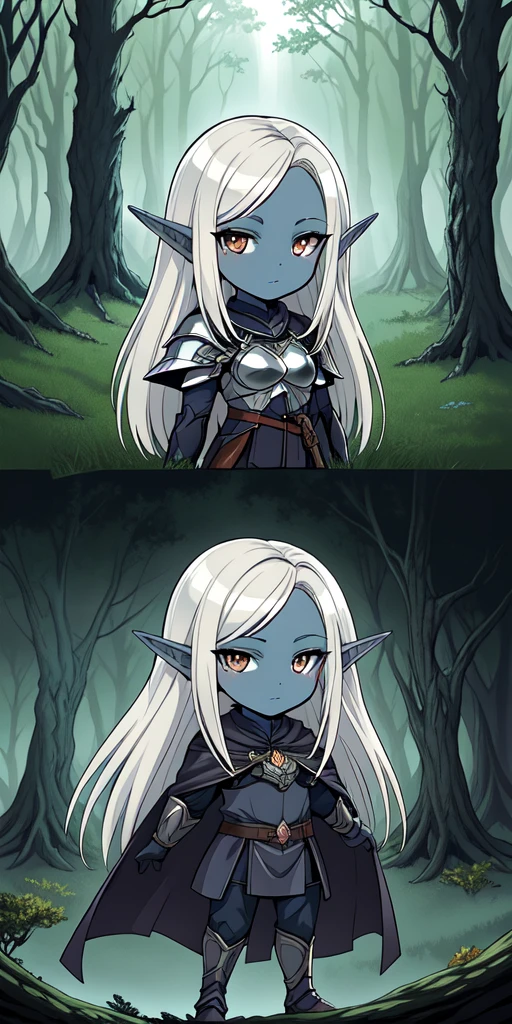 masterpiece, best quality, CG, wallpaper, HDR, high quality, high-definition, extremely detailed, drow, colored skin, dark elf, blue skin, grey skin, pointy ears, cape, armor, looking at viewer, 1girl, forest, dark forest, mythical forest, dimmed light, brown eyes, long hair, chibi