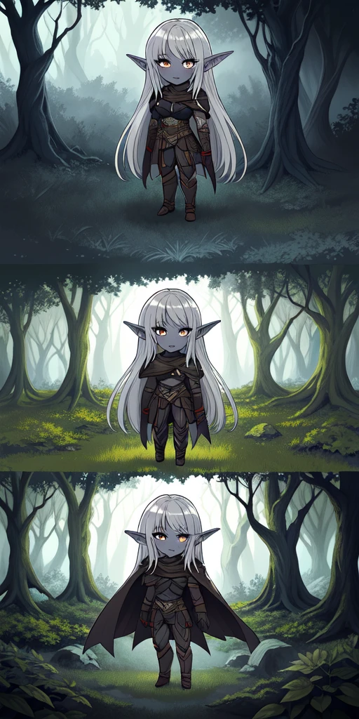 masterpiece, best quality, CG, wallpaper, HDR, high quality, high-definition, extremely detailed, drow, colored skin, dark elf, blue skin, grey skin, pointy ears, cape, armor, looking at viewer, 1girl, forest, dark forest, mythical forest, dimmed light, brown eyes, long hair, chibi
