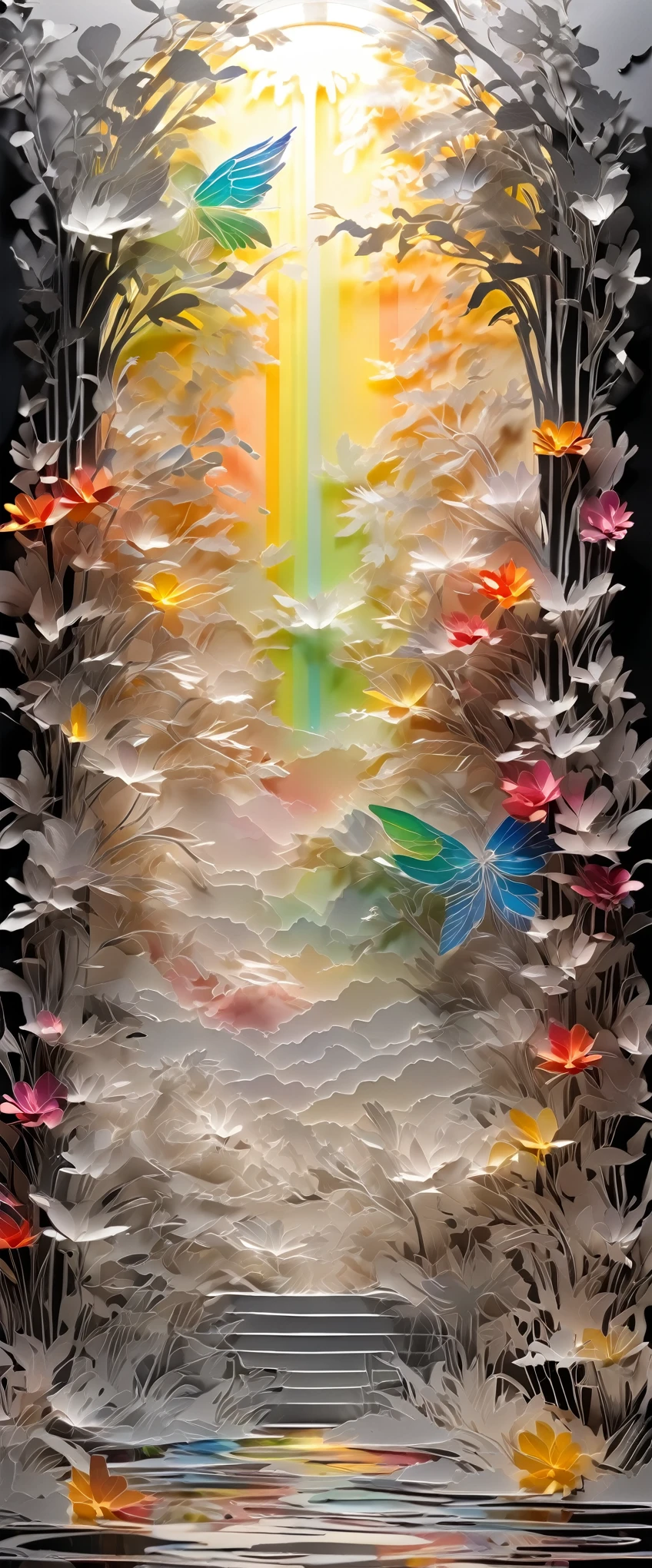 fusion of oil painting and watercolor painting, fusion of paper cutting and shadow puppetry, monochrome artworks here and there, best quality, super fine, 16k, incredibly absurdres, extremely detailed, delicate and dynamic, many cute baby angels with wings will descend to pray for peace, a mysterious gigantic artistic structure made of chrome-plated framework and glass, after the rain, sunlight shines through the gaps in the clouds, the glass reflects the rainbow colors and the timer analyzer displayed, a lot of iridescent petals fluttering down, the grass is covered with mist, creating a fantastic image effect