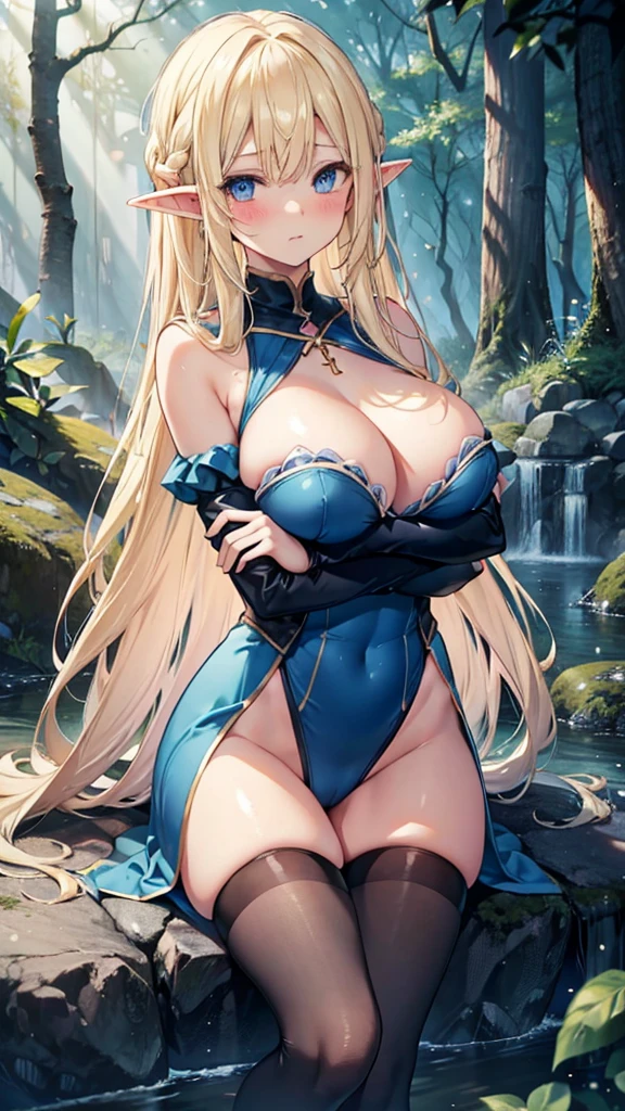 Blonde hair and blue eyes　Long Hair　Elf　Big Breasts　Dark blue scoop water　Embarrassing　Erotic　blush　Large Breasts　Beauty　cute　Highest quality　Dark blue stockings　in the forest　Cross your arms