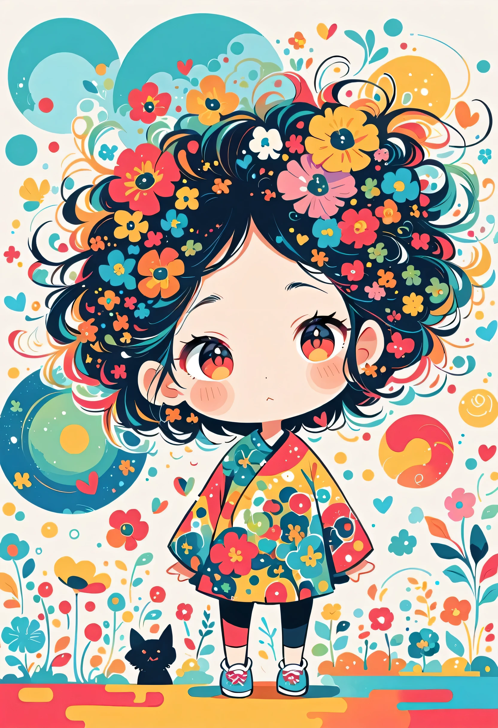 Takashi Murakami style, Standing in front of a high wall,Simple Line Initialism,Abstract art,Urban Background, (((The most beautiful girl))), (((chibi))), colorful flowers