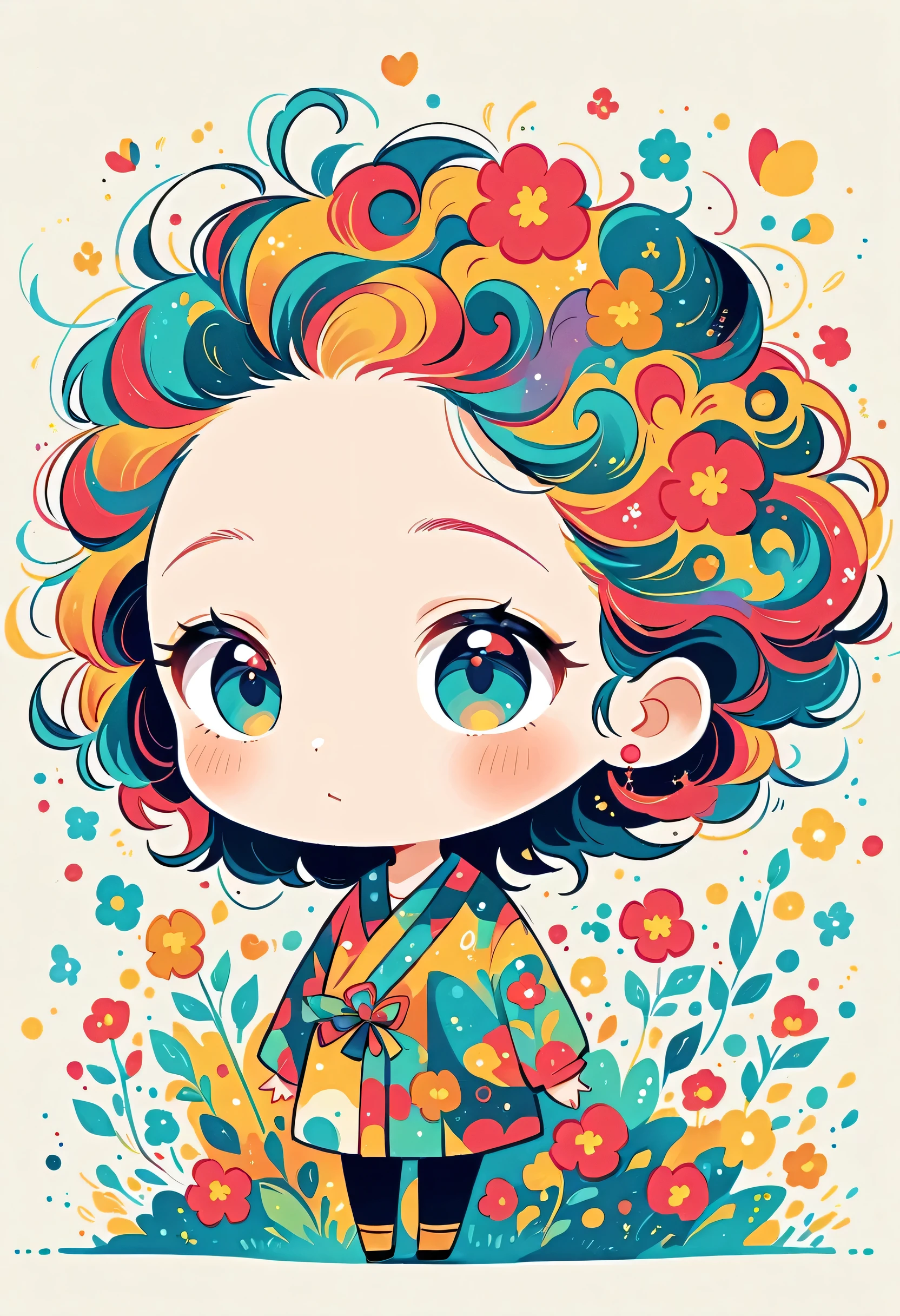 Watase Seizo style, Standing in front of a high wall,Simple Line Initialism,Abstract art,Urban Background, (((The most beautiful girl))), (((chibi))), colorful flowers