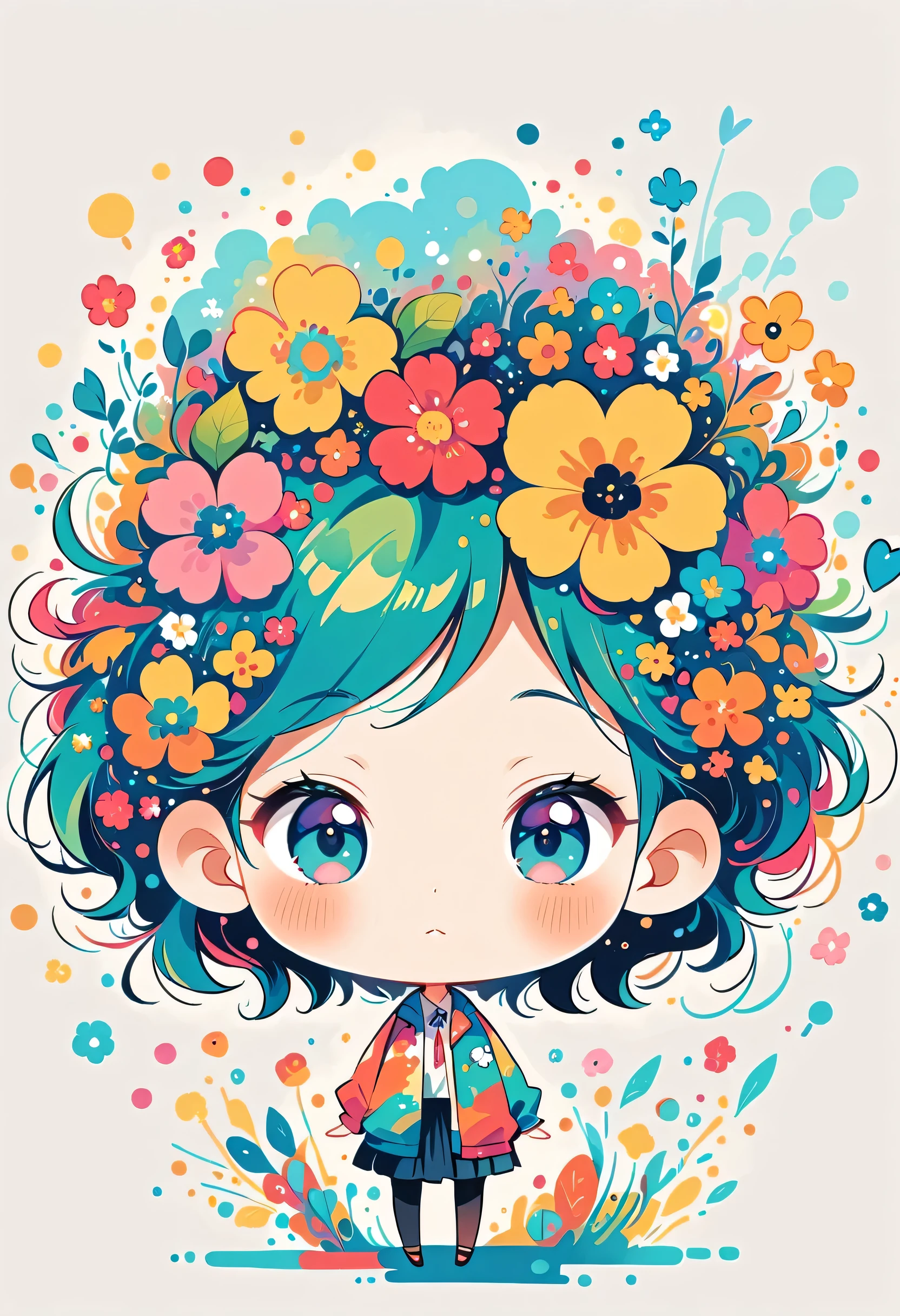 Watase Seizo style, Standing in front of a high wall，Simple Line Initialism，Abstract art，Urban Background, (((The most beautiful girl))), (((chibi))), colorful flowers