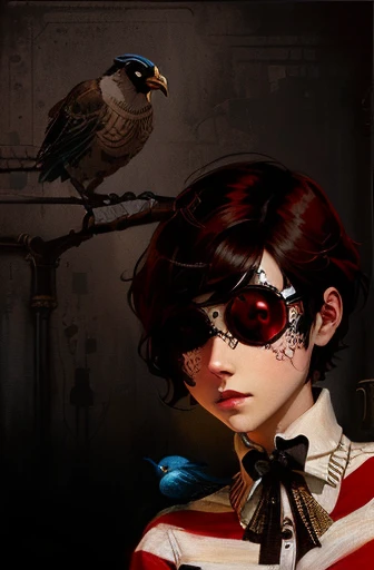 painting of a woman with a red and white striped shirt and a bird, inspired by Louis Grell, shigenori soejima illustration, lofi steampunk bioshock portrait, character design : : gothic, lofi bioshock steampunk portrait, inspired by Kawabata Ryūshi, cover illustration, inspired by James Bolivar Manson