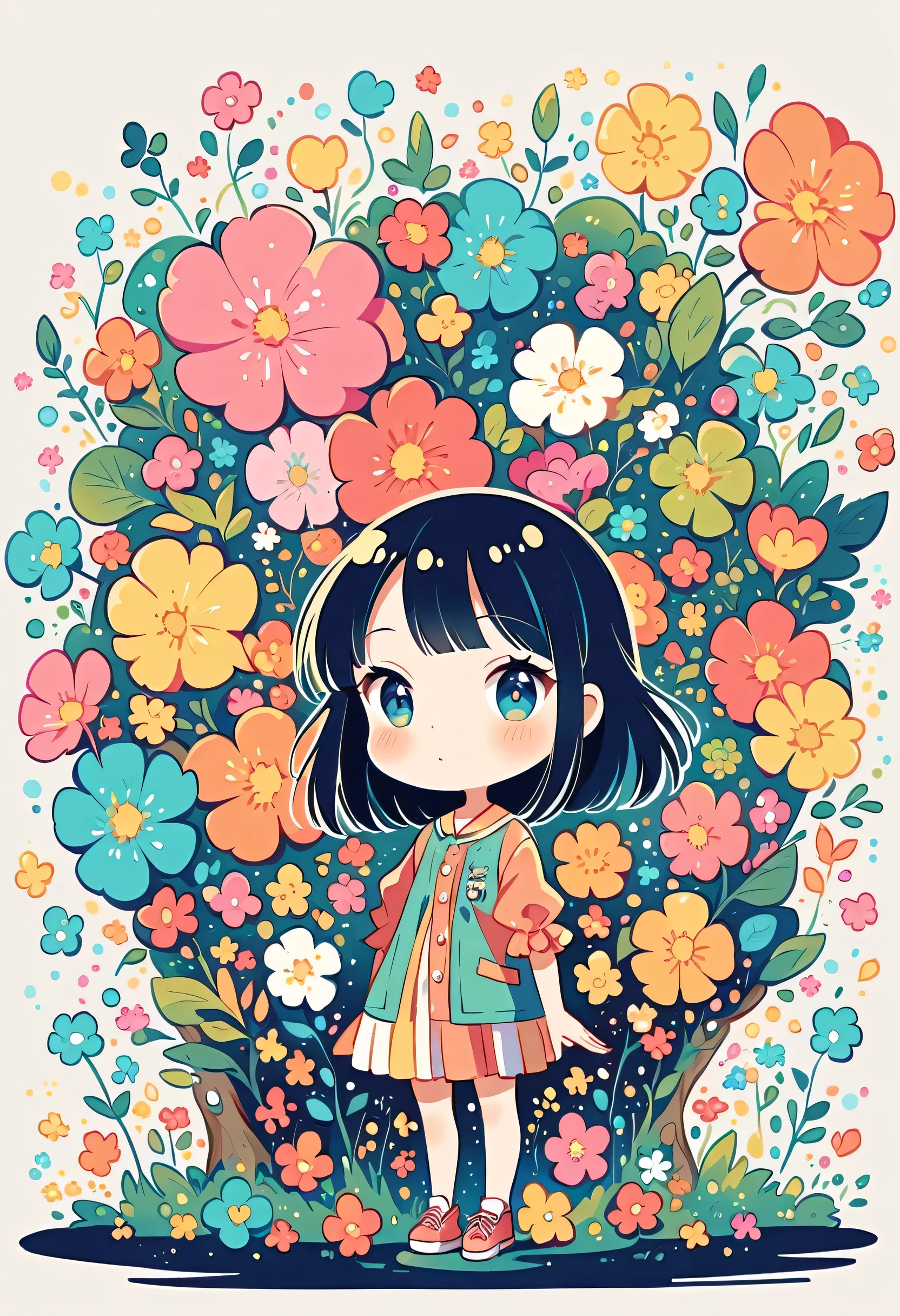 Watase Seizo style, Standing in front of a high wall,Simple Line Initialism,Abstract art,Urban Background, (((The most beautiful girl))), (((chibi))), colorful flowers