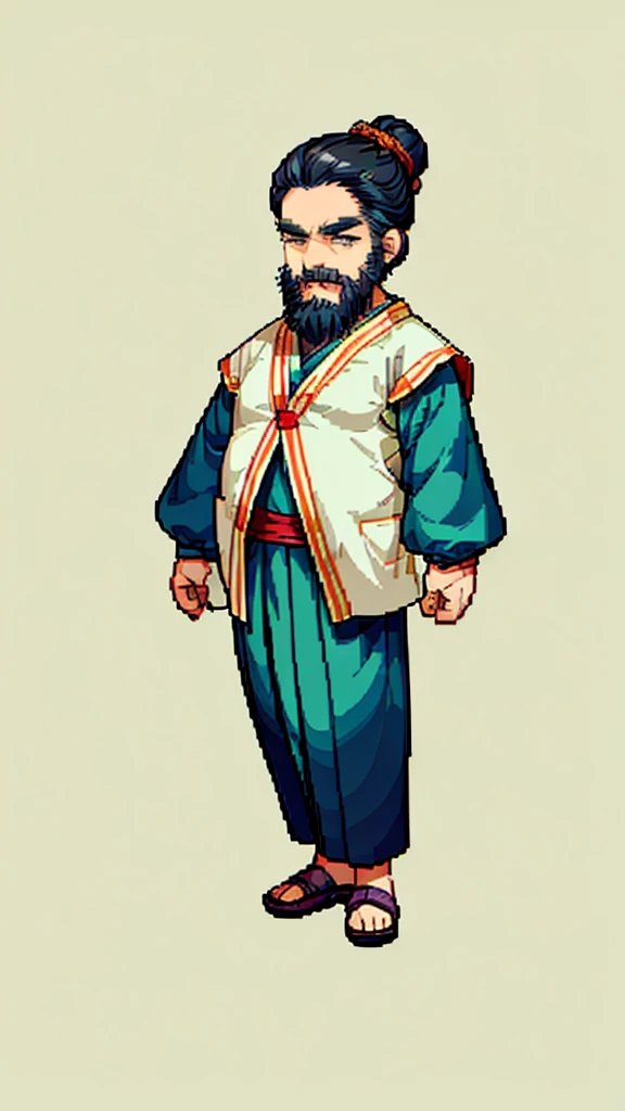 Old man in ancient Chinese costume、Wise Old Man、Looking into the camera、His hair is tied in a bun、Only one topknot、Long sleeve、Hanfu、Black Hair、Stand and pose、Pixel art、(masterpiece, highest quality, highest quality), pixel,pixel art,whole body,Characters in Romance of the Three Kingdoms、Transform、(beard)、Short Deformation、Old man with long beard