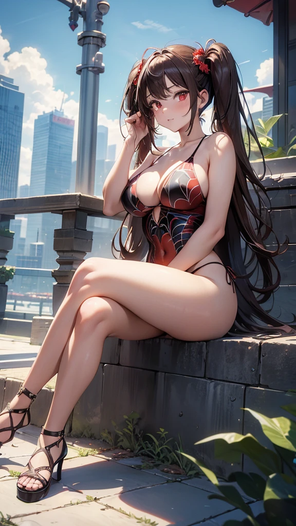 (masterpiece, best quality), intricate details, 8k, artstation, wallpaper, official art, splash art, sharp focus,, 1girl, long hair, twin tails, red eyes, brown hair, ,  spider swimsuit suit, spider web printing, spider web,  , skyscrapers, city, buildings, cars, street, sitting down on the ground