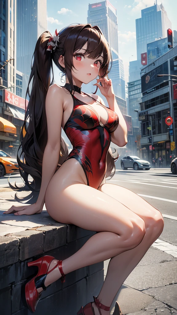 (masterpiece, best quality), intricate details, 8k, artstation, wallpaper, official art, splash art, sharp focus,, 1girl, long hair, twin tails, red eyes, brown hair, , spider swimsuit suit, spider web printing, spider web, , skyscrapers, city, buildings, cars, street, sitting down on the ground