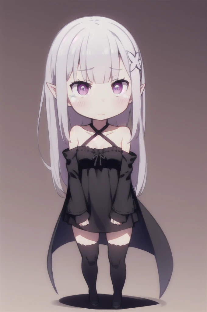 (CHIBI:1.3),(full body),simple_background,
1girl,solo,emilia (re:zero),pointy ears,purple eyes,grey hair,white hair,very long hair,blunt bangs,
head ornament,hood down,sidelocks,YWQk,black dress,dark aura,yellow flower,black thighhighs,black cloak,veil,black halterneck,detached sleeves,criss-cross halter,collarbone,
(make a fist),
SEMI-REALISTIC ANIME,