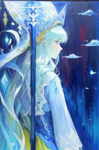 painting of a woman with a blue dress and a red hat, an acrylic painting, fantasy acrylic on canvas, atmospheric dreamscape painting, inspired by Joseph Stella, inspired by Jan Toorop, painting in luminist style, inspired by Eyvind Earle, painting of a dreamscape, baroque acrylic painting, rennaisance painting, inspired by Edward Robert Hughes