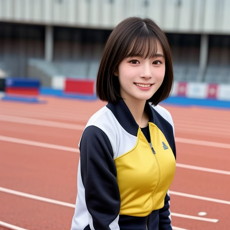 (kawaii 24 year-old Japanese girl, Nogizaka idol, Korean idol, track and field player), healthy female athlete body, glossy black hair, (very short hair, bangs:1.2), beautiful black eyes, rounded face, single eyelid, (no makeup:1.2), (big laughing), (track jacket:1.3), sports leggins, extra small breasts, BREAK, (track and field stadium background, summer sunlights:1.2), (dynamic angle, bust shot:1.2), BREAK, (masterpiece, best quality, photo realistic, official art:1.4), (UHD, 8K quality wallpaper, high resolution, raw photo, golden ratio:1.3), (shiny skin), professional lighting, physically based rendering, award winning, (highly detailed skin texture, extremely detailed face and eyes textures), Carl Zeiss 300 mm F/2.8, depth of field, (1girl, solo),