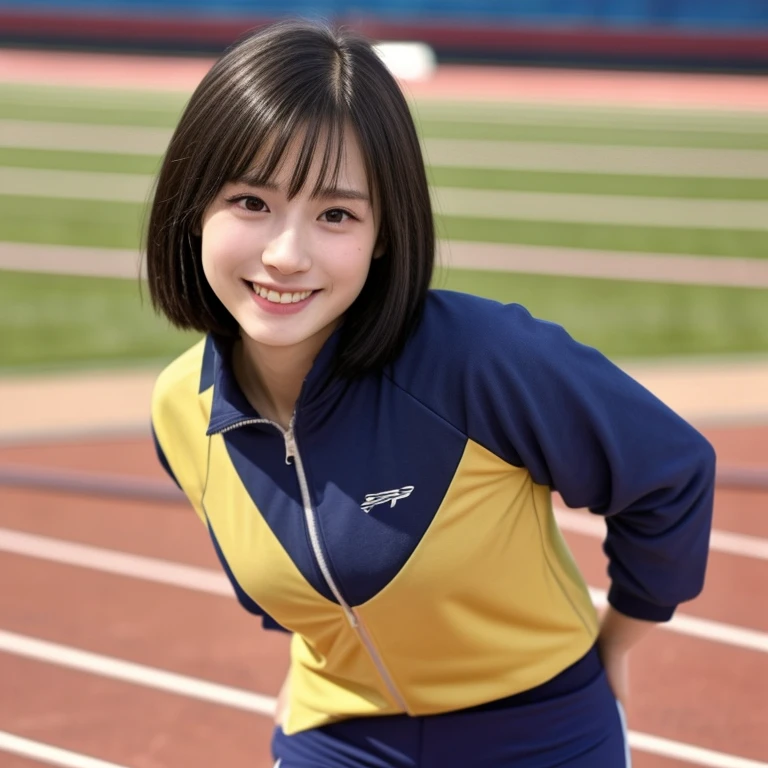 Highest quality, masterpiece, Ultra-high resolution, (Realistic:1.4), Raw photo, One girl, The most famous Japanese actresses, Wearing a volleyball uniform, Very beautiful face, very beautiful big eyes, Very beautiful short hair, Very beautiful skin, Very beautiful long eyelashes, Very beautiful lips, Very beautiful hips, Very beautiful thighs, Upturned buttocks, Dynamic Pose, An innocent smile