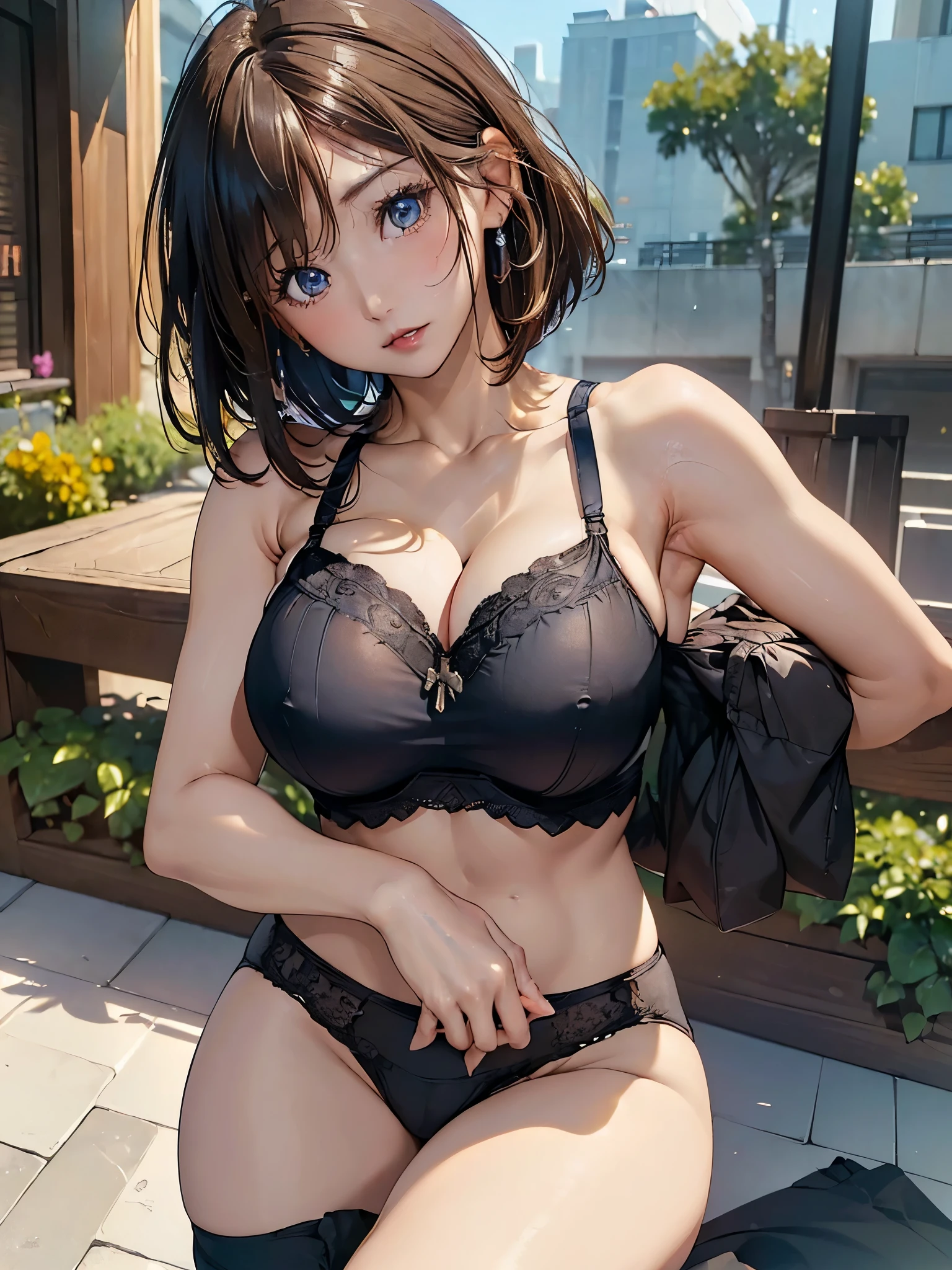 (((masterpiece))), (((High resolution)))、(((8K quality)))、(((Perfect Face)))、Looking into the camera, ((Top quality eyes)), (Detailed face), (Detailed Texture), ((Big Breasts:1.5)), ((Sexy Underwear:1.3)),Dutch Angle, Angle from below, Output hairstyles randomly, Random hair color, ((Short Bob:1.3))
