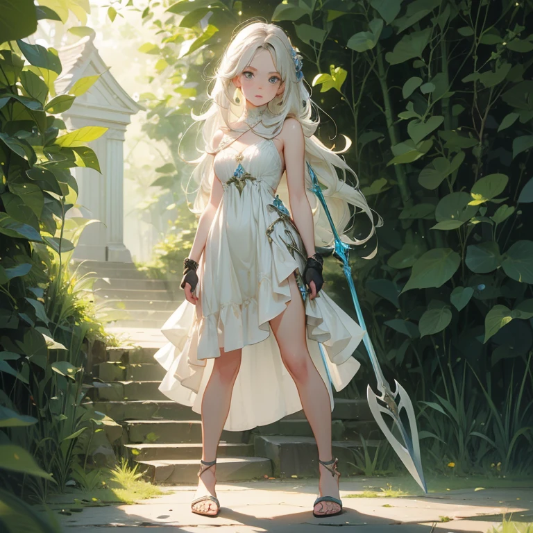 Design a layout showcase Gaming character, (1girl). White+Green clothes, nature-inspired and ethereal, ((showcase weapon:1.4)), bow and arrows, (masterpiece:1.2), (best quality), 4k, ultra-detailed, (Step by step design, layout art:1.5), (sunlit lighting, natural ambiance), archer, ((fingerless gloves)), (((revealing dress:1.3))), leaf armor, sandals, (((full_body_shot:1.4)))
