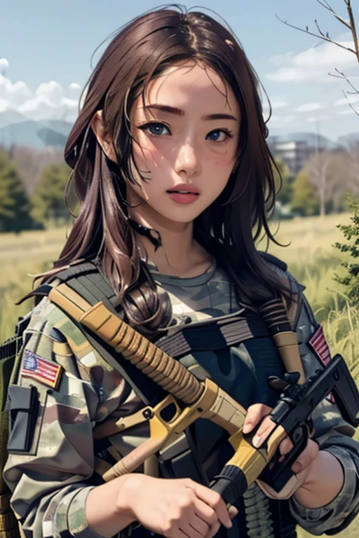 survival game、Camouflage、survival gameのフィールド、A beautiful girl is holding a rifle、head to waste、