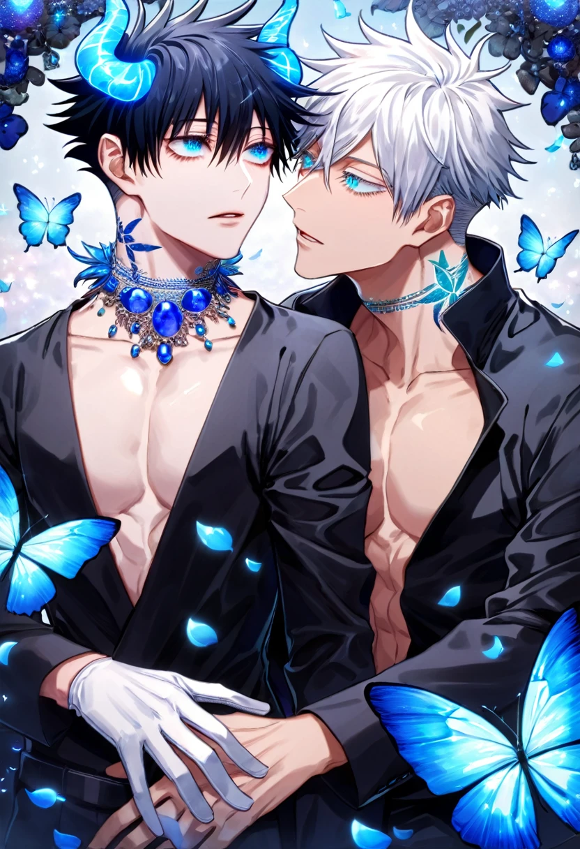 absurdres, highres, ultra detailed, HDR) master piece, best quality, Fushiguro Touji, black hair, expressive green eyes, black tight shirt, cropped leather jacket, black collar, Jujutsu Kaisen, Gojou Satoru, white hair, with bangs, expressive blue eyes, white eyelashes, two sexy men together, yaoi, gay couple, handsome, toned chest, magical fantasy, blue butterflies, glittering, sparkling, blue roses, blue petals, radiant gemstone blue background, blue flames