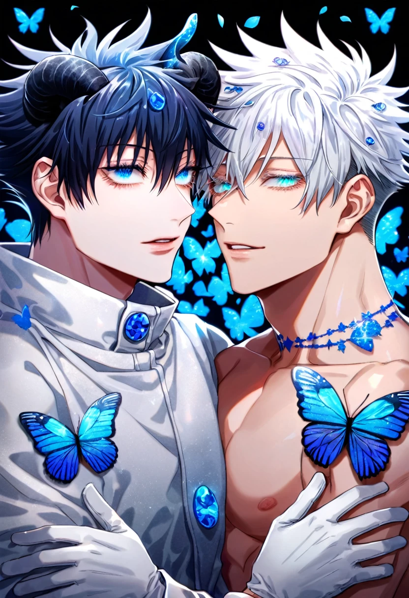 Ultra detailed, HDR, Highres, absurdres, master piece, Gojo Satoru, white hair with bangs, expressive blue eyes, white eyelashes, hair between the eyes, Fushiguro Megumi, black hair, expressive blue eyes, Jujutsu Kaisen, blue glittering butterflies, petals, fantasy, blue flowers, two sexy man together, gay couple, yaoi, extremely detailed face and eyes, handsome, glittering, bare chest, white cape, white demon clothes, tattoo on his neck, blue gemstone background, blue flames, cross, white gloves, radiant, black demon horns, love,