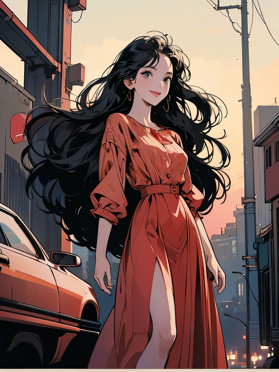 Advanced backgrounds、Highest resolution、Complex background, (Woman in a red long skirt dress), (Standing next to the car), Near future city, Movie poster style, Desolate city, (Lots of wires), universe、smile、Smaller breasts、(Night view)、Detailed Hair、The wind is blowing