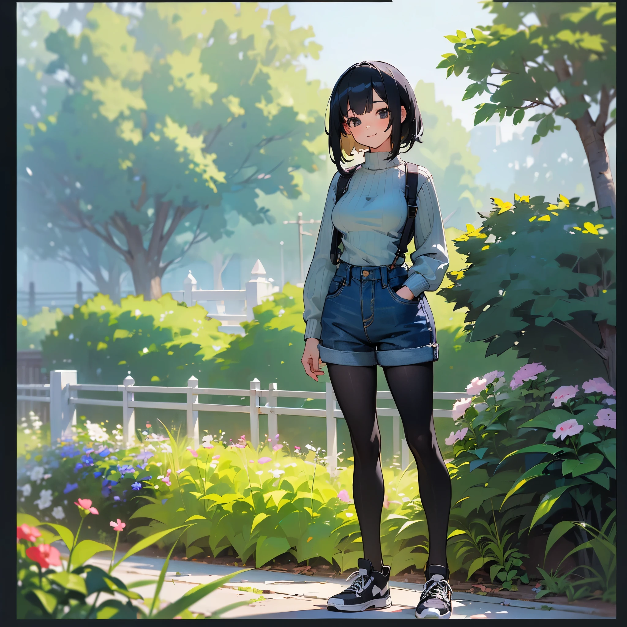(high quality, High resolution, Very detailed, reality:1.37), Peaceful atmosphere, (Outdoor, garden), Teenage girl standing alone, (my breasts are big.), Beautiful details, Cute Smile, (Black bob hair), Ribbed sweater, Denim shorts, Black tights, sneakers.